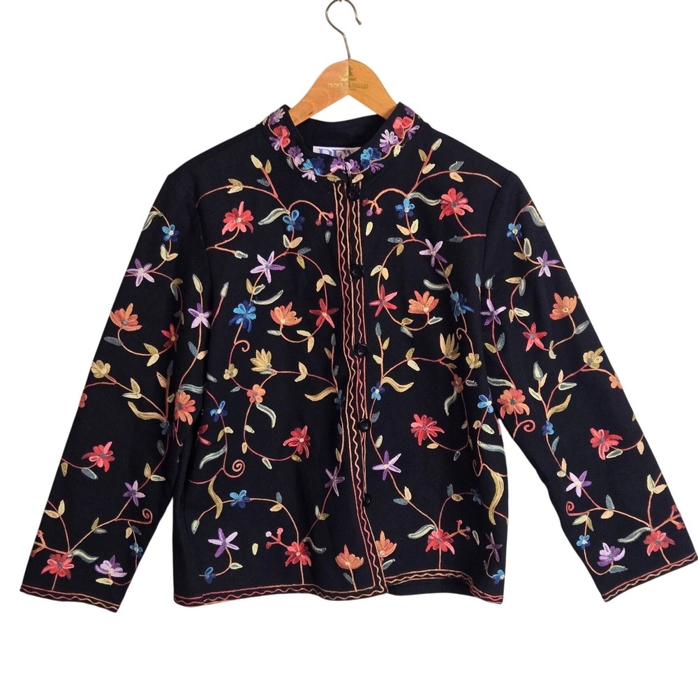 Womens Multicolor Embroidered Floral Cotton Jacket Mandarin Collar Medium
